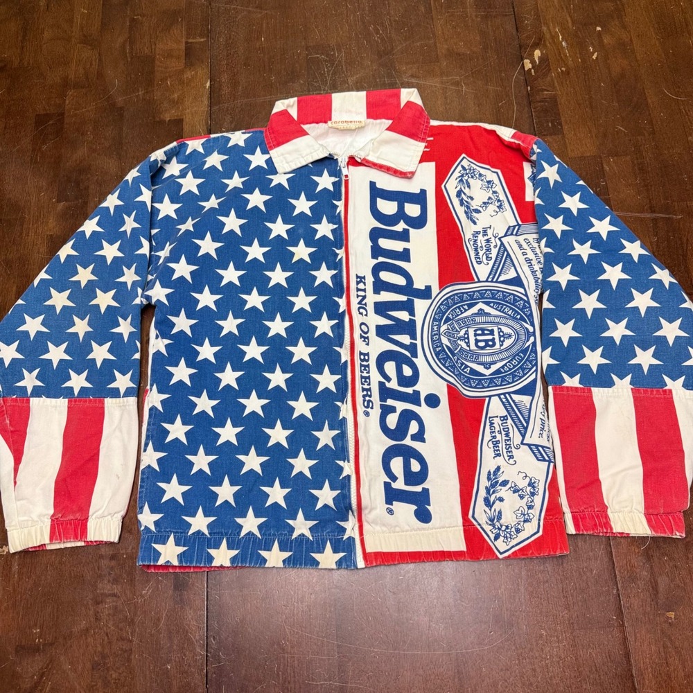 Vtg 80s Carabella Budweiser AOP Jacket Men S Red White Blue American Flag Zip Up